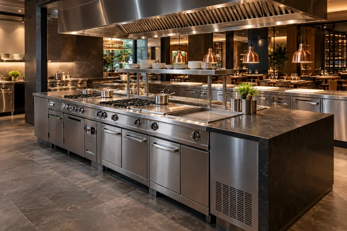 Cuisine ouverte signature · Image d'illustration de cuisines professionnelles